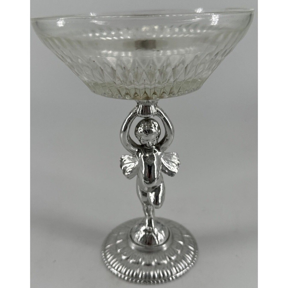 Cherub Pedestal Compote Candy Trinket Dish Silver Tone Base Angel Glass 7"Tx 5"W